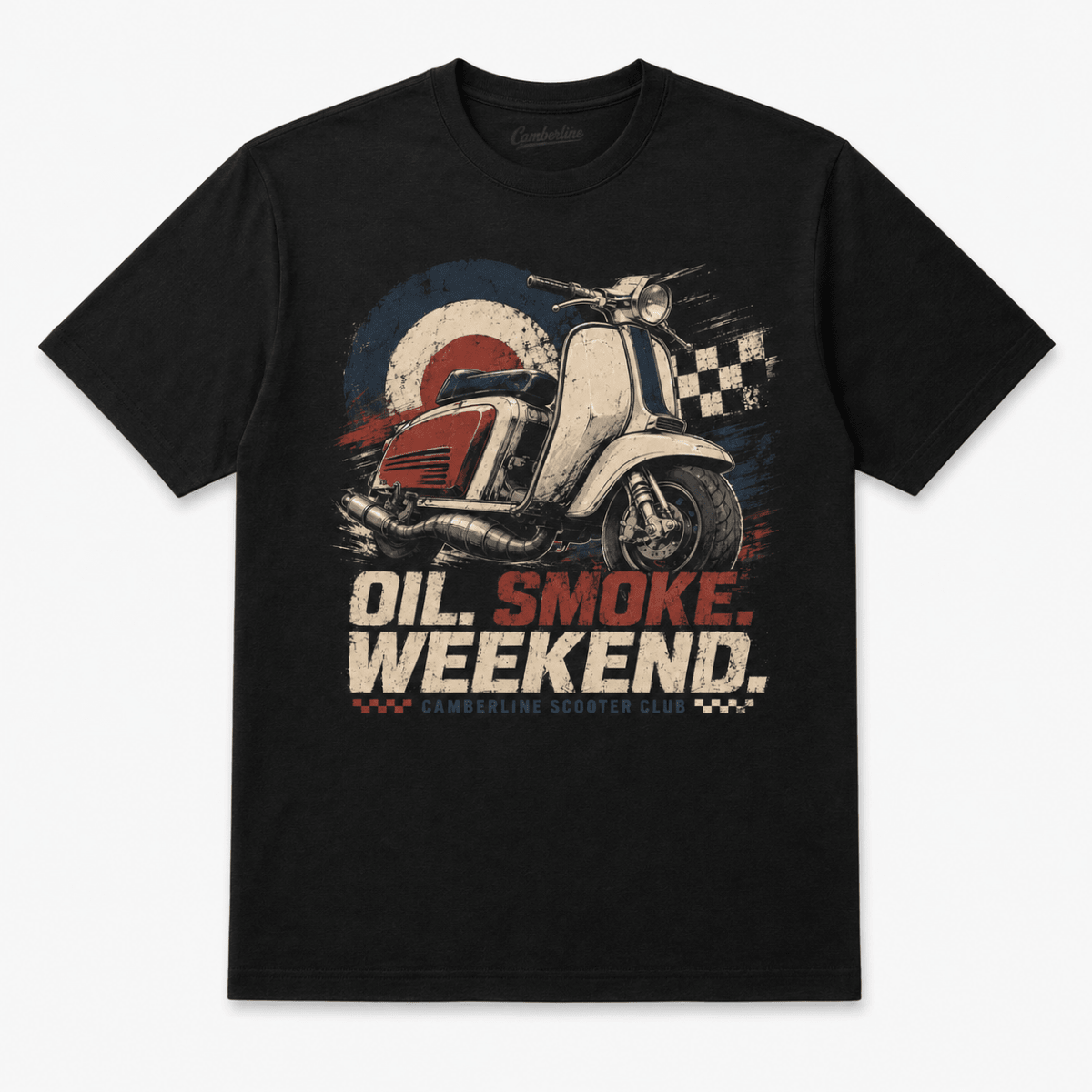 Front product view of the black Oil Smoke Weekend scooter graphic T-shirt
