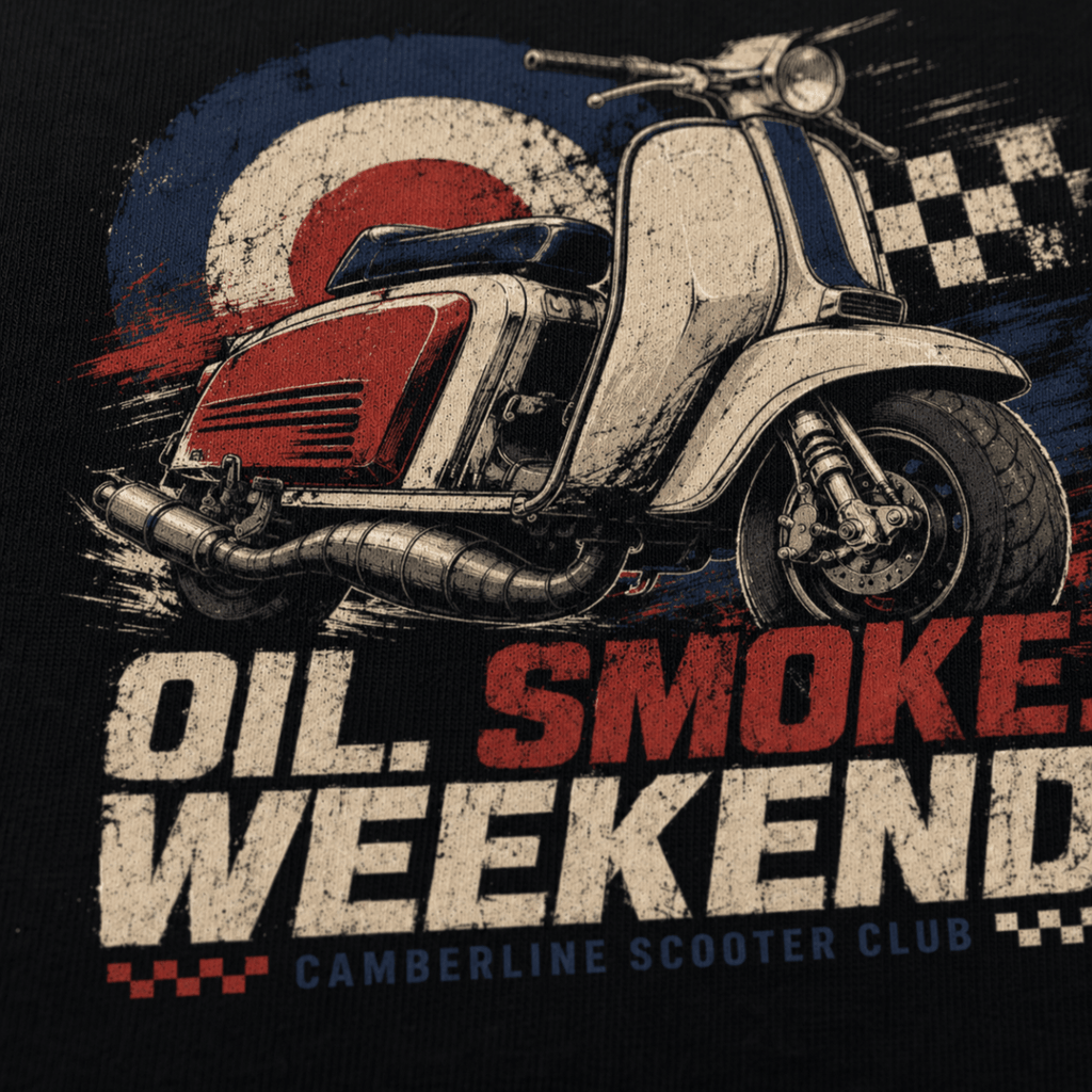 Close-up of the Oil Smoke Weekend vintage scooter premium halftone DTF print on black fabric