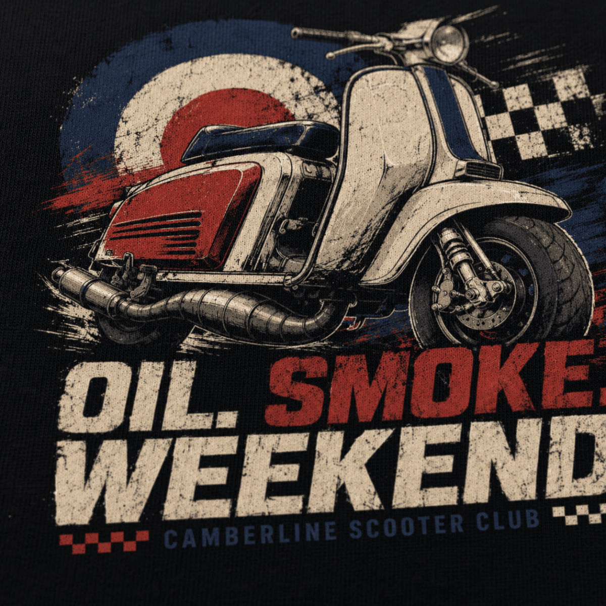 Close-up of the Oil Smoke Weekend vintage scooter premium halftone DTF print on black fabric