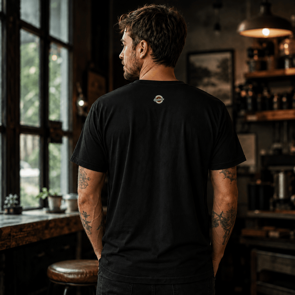 Back view of model wearing the black Camberline T-shirt with nape print