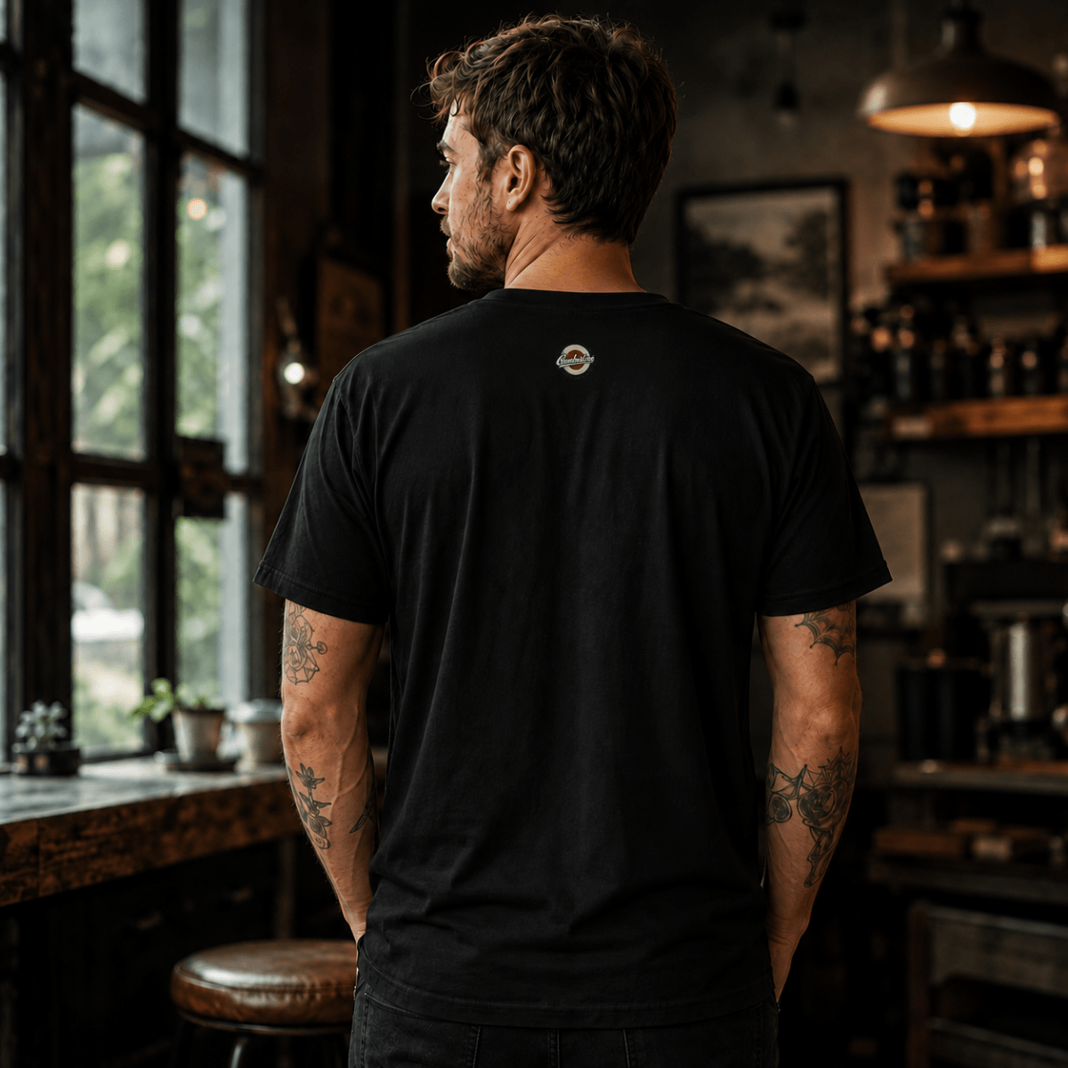 Back view of model wearing the black Camberline T-shirt with nape print