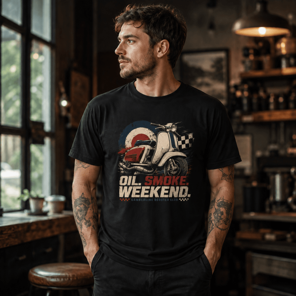 Model wearing a black Oil Smoke Weekend vintage scooter graphic T-shirt, front view