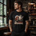 Model wearing a black Oil Smoke Weekend vintage scooter graphic T-shirt, front view