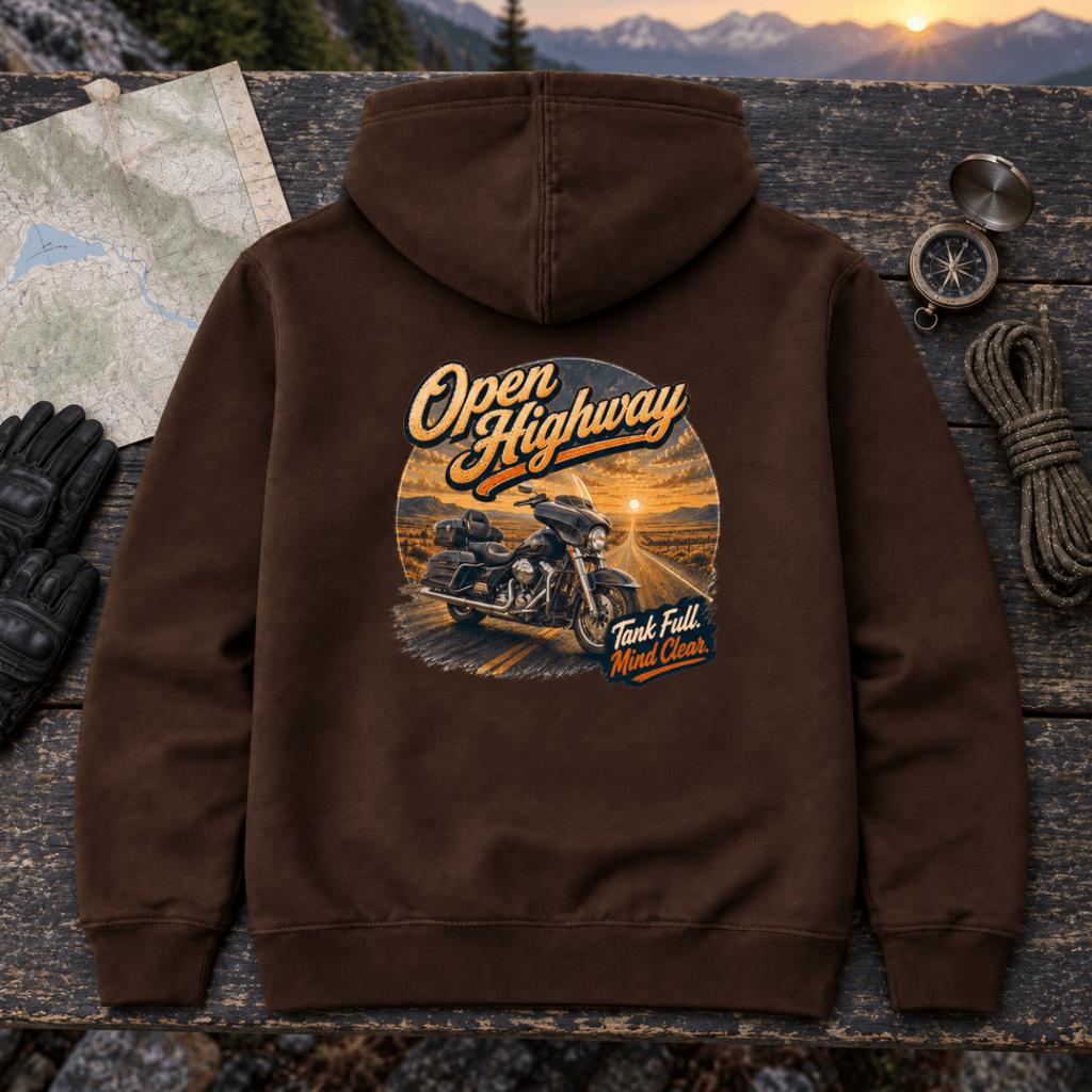 Open Highway touring motorcycle brown hoodie back hero in a mountain-road workshop