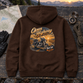 Open Highway touring motorcycle brown hoodie back hero in a mountain-road workshop
