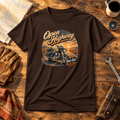 Open Highway touring motorcycle brown T-shirt front hero with road-trip workshop styling