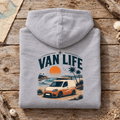 Folded heather grey Orange Modern camper van life hoodie, rear graphic product hero