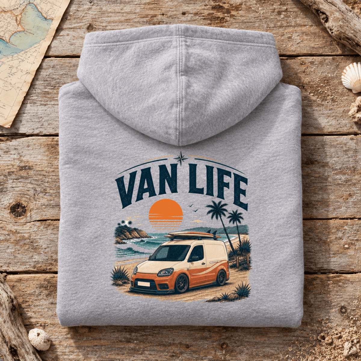 Folded heather grey Orange Modern camper van life hoodie, rear graphic product hero