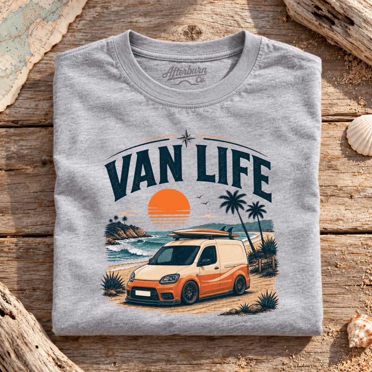 Folded sport grey Orange Modern camper van life T-shirt, front graphic product hero