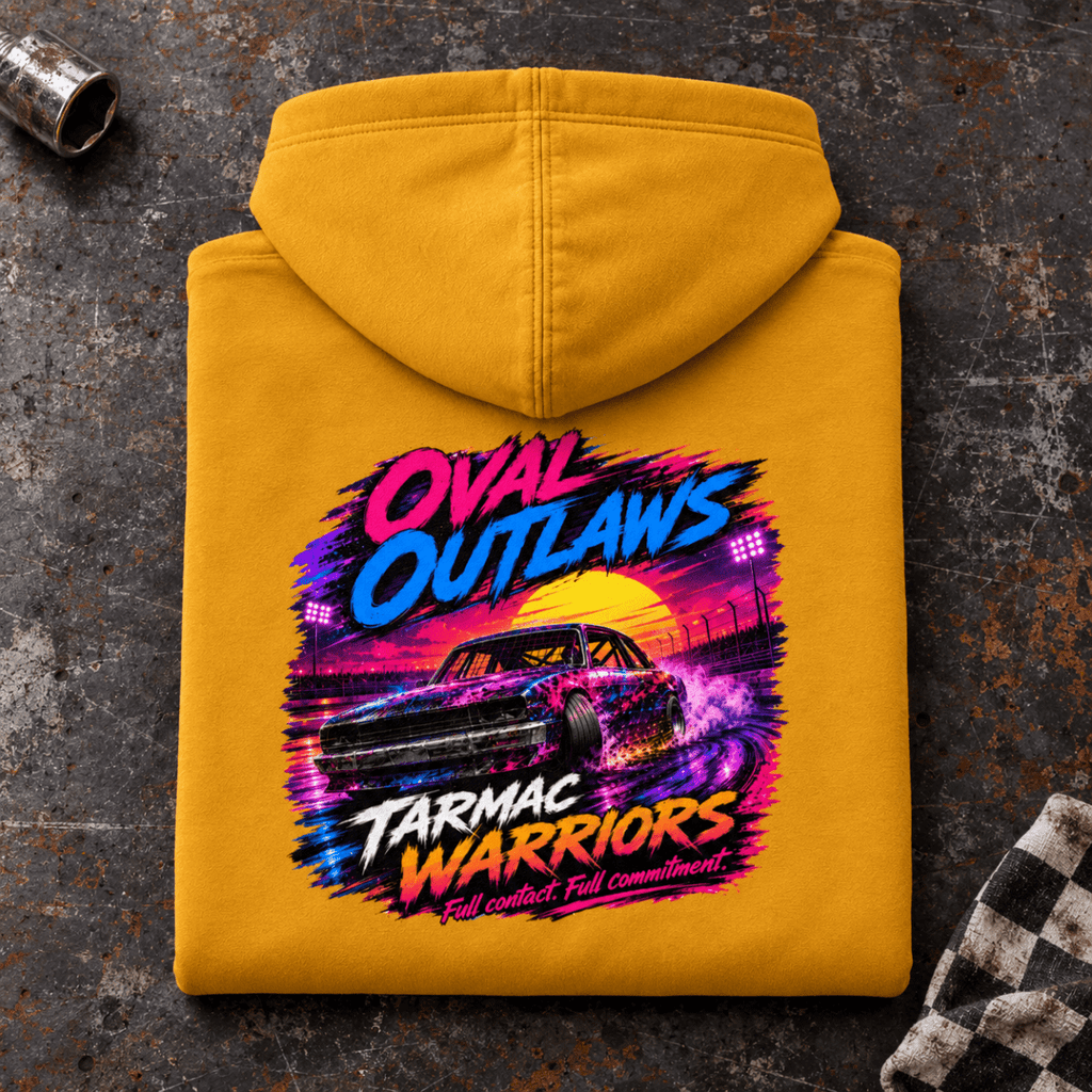 Camberline oval outlaws tarmac warriors mustard hoodie, folded back view on a stock car workshop bench – rac-ovl-hd-0009
