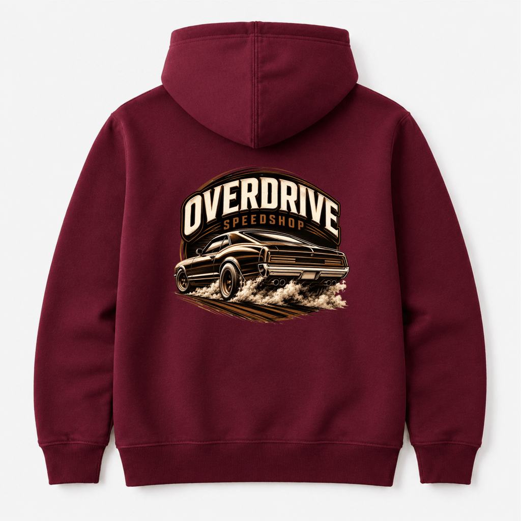 Camberline Cars Overdrive Speedshop Hoodie in Burgundy showing back graphic