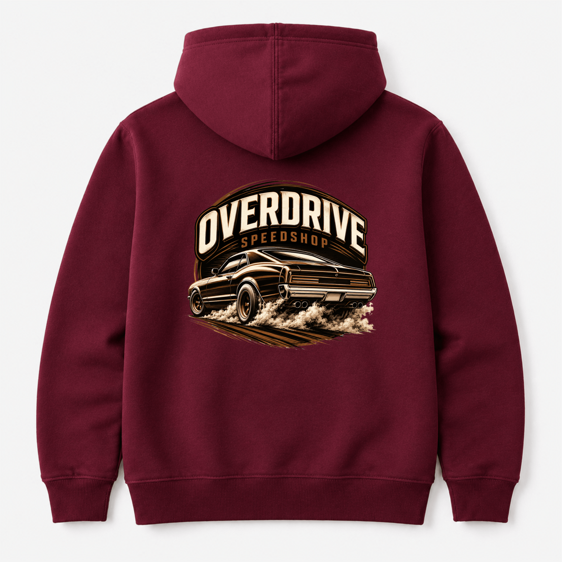 Camberline Cars Overdrive Speedshop Hoodie in Burgundy showing back graphic