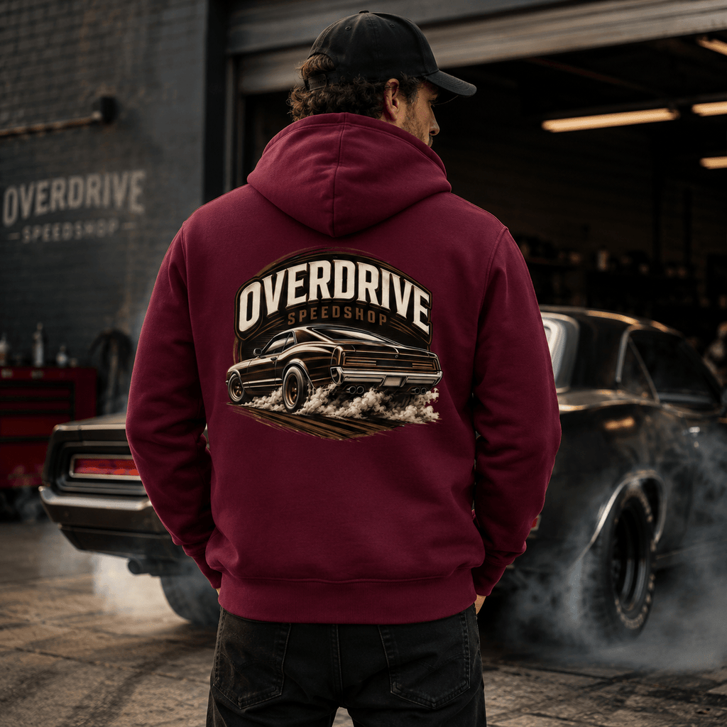 Model wearing Camberline Cars Overdrive Speedshop Hoodie in Burgundy