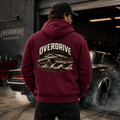 Model wearing Camberline Cars Overdrive Speedshop Hoodie in Burgundy