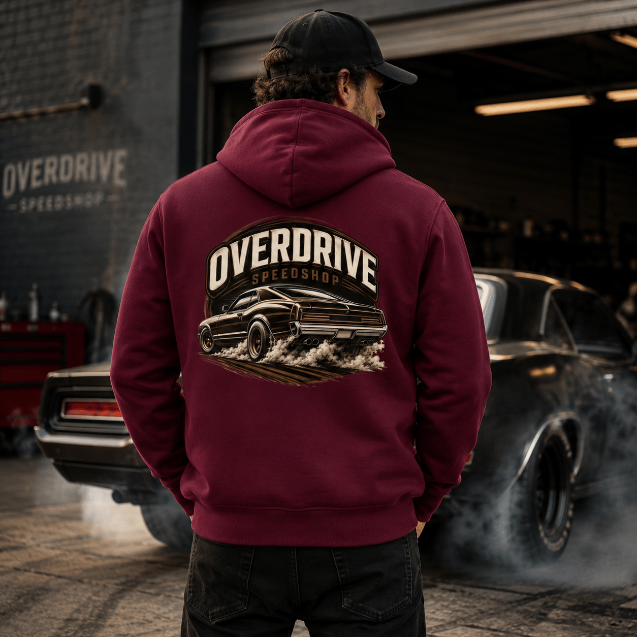 Model wearing Camberline Cars Overdrive Speedshop Hoodie in Burgundy