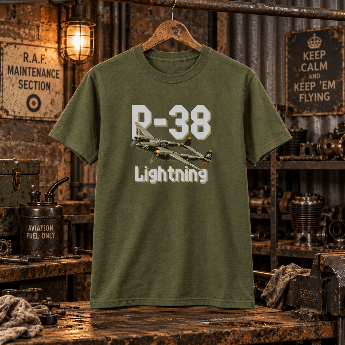 P-38 Lightning military green T-shirt in a gritty aviation workshop