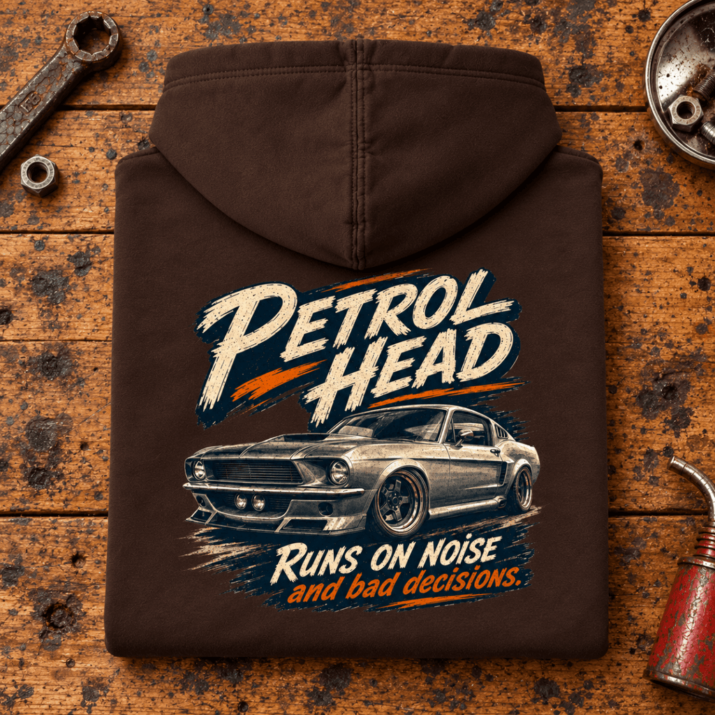 Muscle Car Graphic Hoodie – Classic V8, folded back main hero on a worn automotive workbench – car-hd-0080