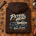 Muscle Car Graphic Hoodie – Classic V8, folded back main hero on a worn automotive workbench – car-hd-0080