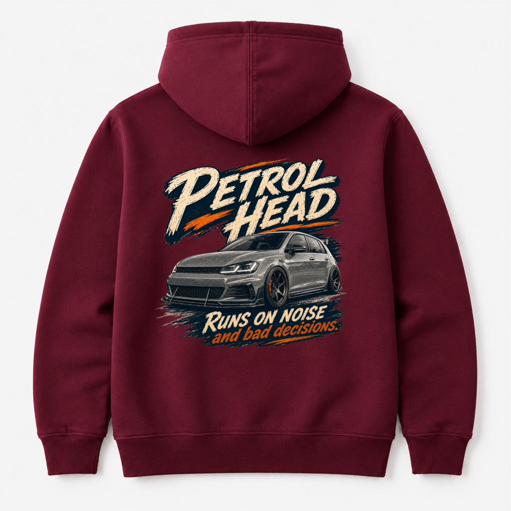 Camberline Cars Petrol Head Hot Hatch Hoodie in Burgundy showing back graphic