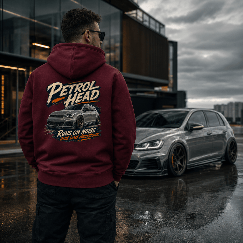 Model wearing Camberline Cars Petrol Head Hot Hatch Hoodie in Burgundy, styled for car and 4x4 culture