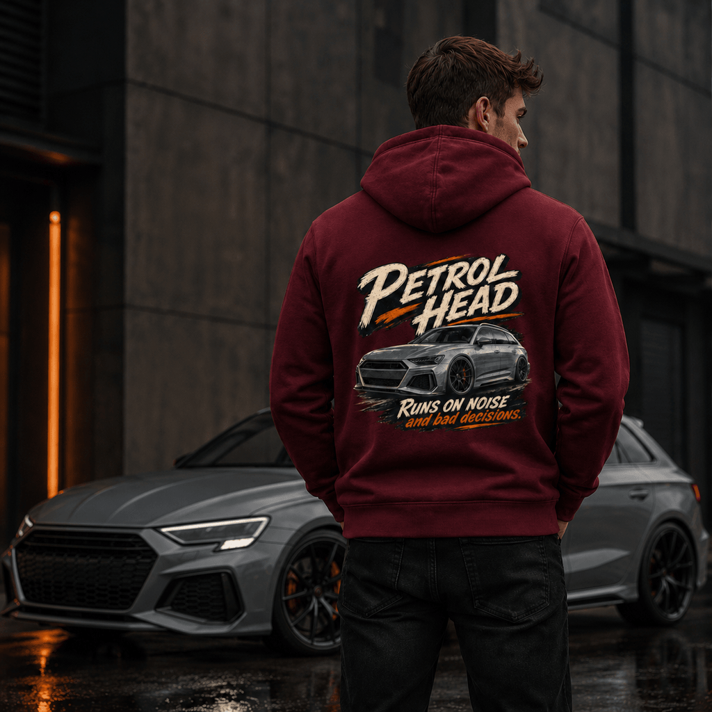 Model wearing Camberline Cars Petrol Head Estate Car Hoodie in Burgundy, styled for car and 4x4 culture