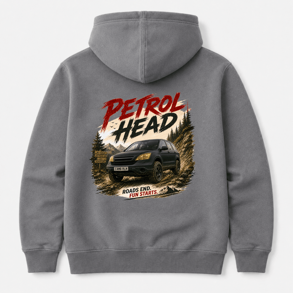 Camberline Cars Petrol Head Hoodie in Shark Grey showing back graphic