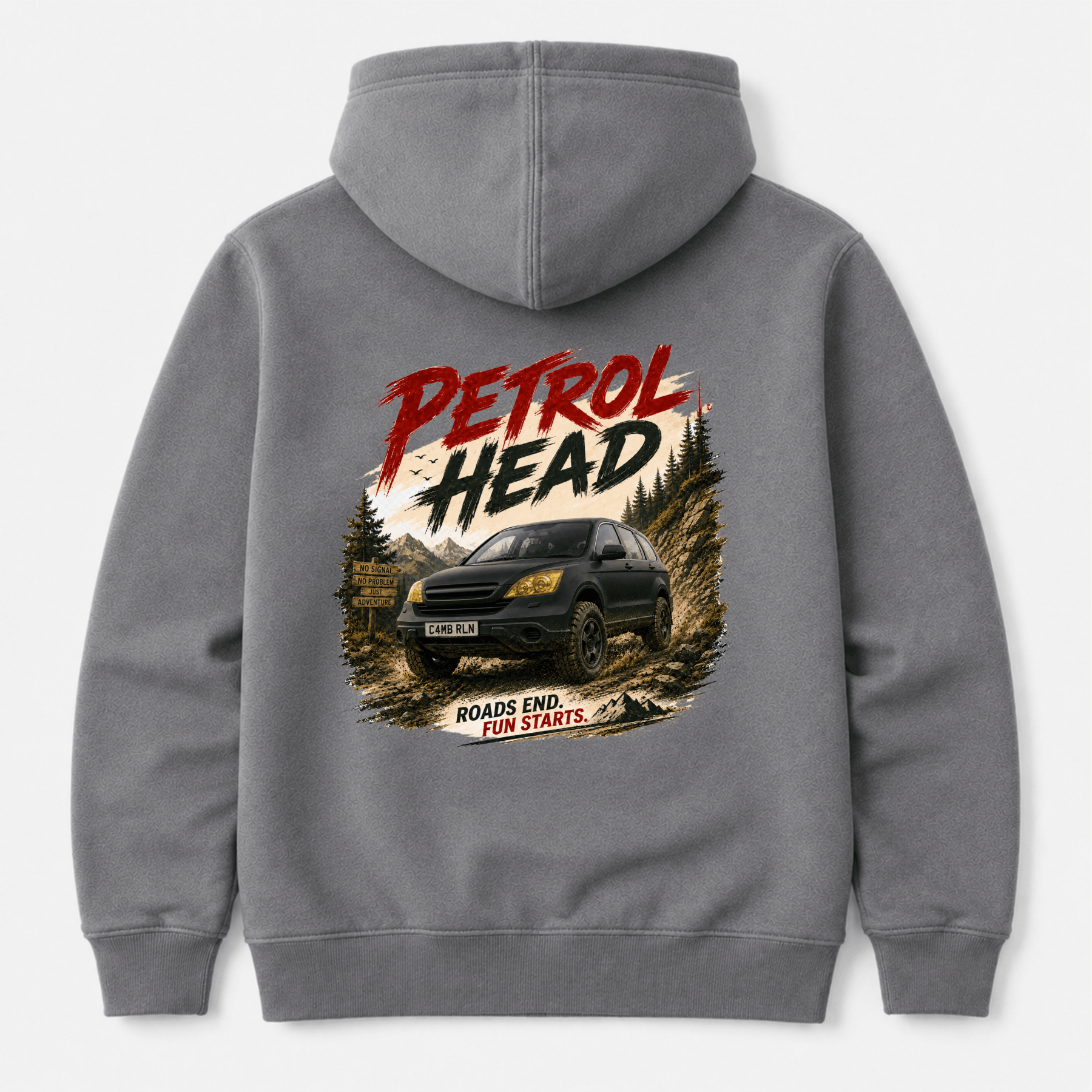 Camberline Cars Petrol Head Hoodie in Shark Grey showing back graphic