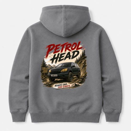 Camberline Cars Petrol Head Hoodie in Shark Grey showing back graphic