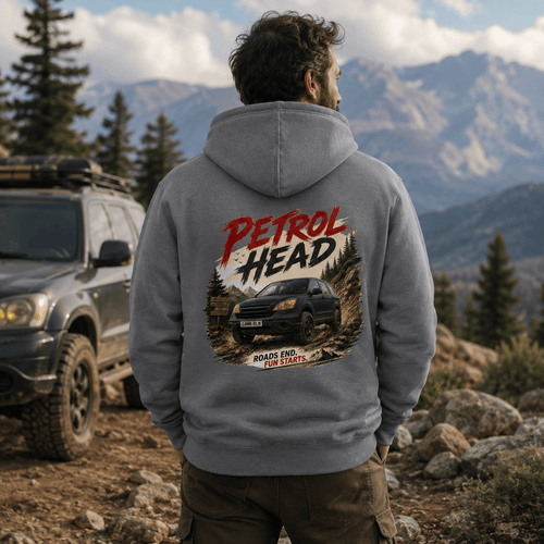 Model wearing Camberline Cars Petrol Head Hoodie in Shark Grey