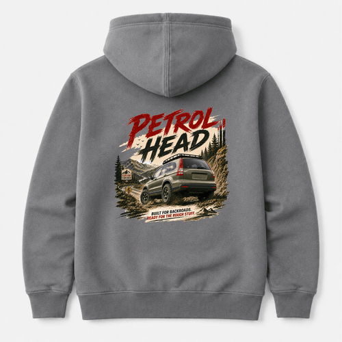 Camberline Cars Petrol Head Hoodie in Shark Grey showing back graphic