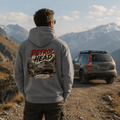 Model wearing Camberline Cars Petrol Head Hoodie in Shark Grey