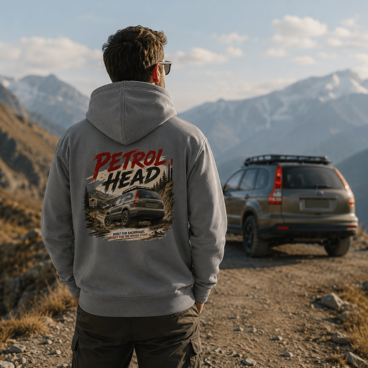 Model wearing Camberline Cars Petrol Head Hoodie in Shark Grey