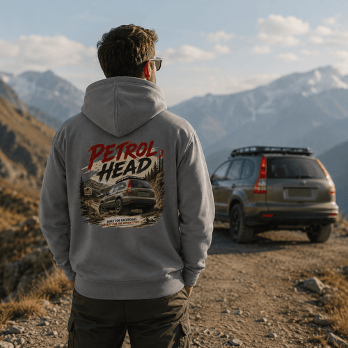 Model wearing Camberline Cars Petrol Head Hoodie in Shark Grey