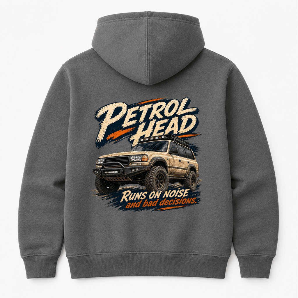 Camberline Cars Petrol Head Off Road 4x4 Hoodie in Charcoal showing back graphic