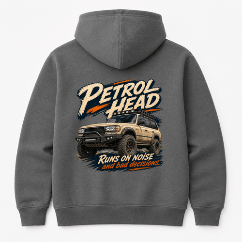 Camberline Cars Petrol Head Off Road 4x4 Hoodie in Charcoal showing back graphic