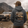 Model wearing Camberline Cars Petrol Head Off Road 4x4 Hoodie in Charcoal, styled for car and 4x4 culture