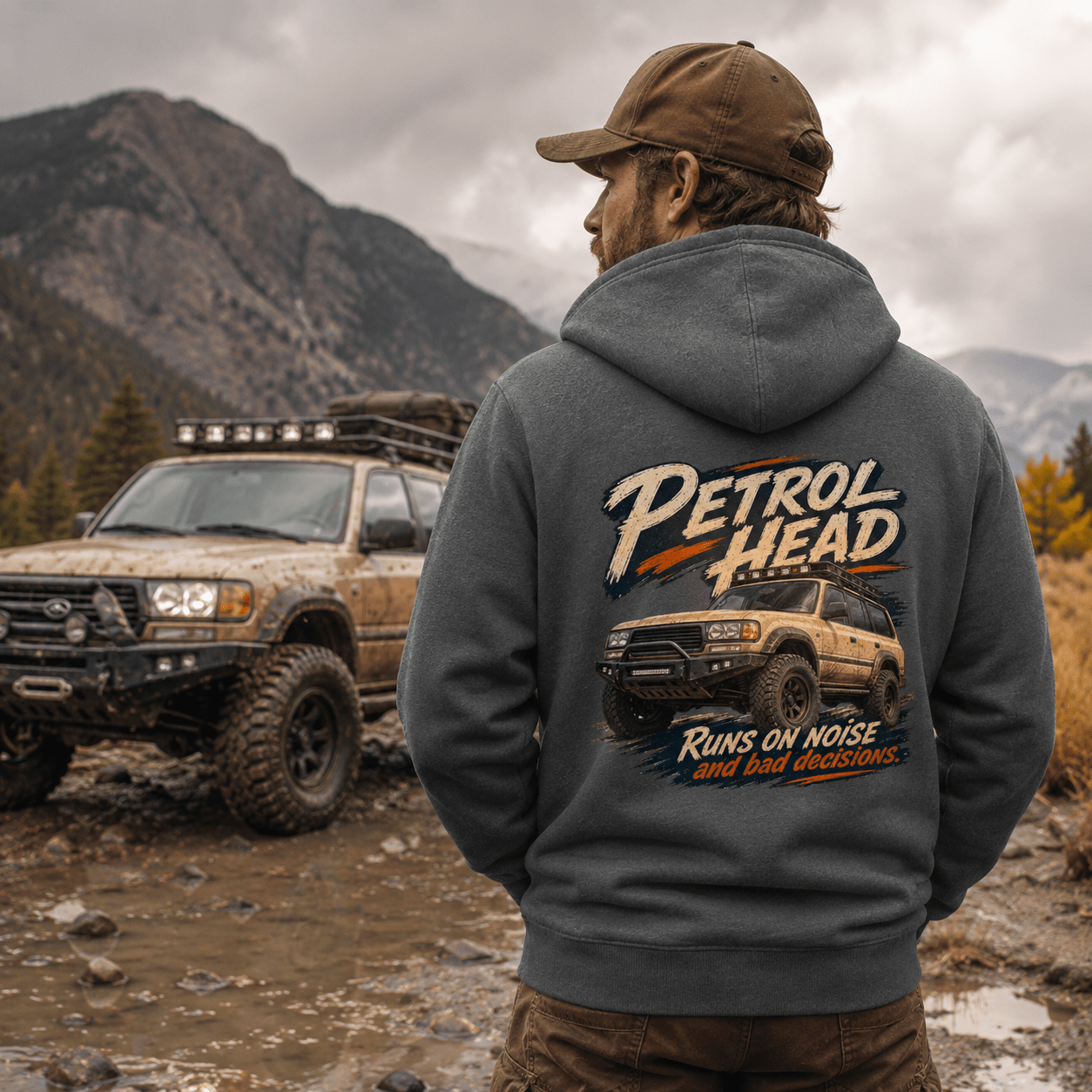 Model wearing Camberline Cars Petrol Head Off Road 4x4 Hoodie in Charcoal, styled for car and 4x4 culture
