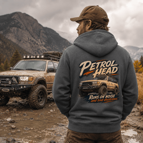 Model wearing Camberline Cars Petrol Head Off Road 4x4 Hoodie in Charcoal, styled for car and 4x4 culture