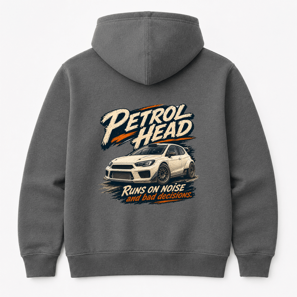Camberline Cars Petrol Head Rally Hatchback Hoodie in Charcoal showing back graphic