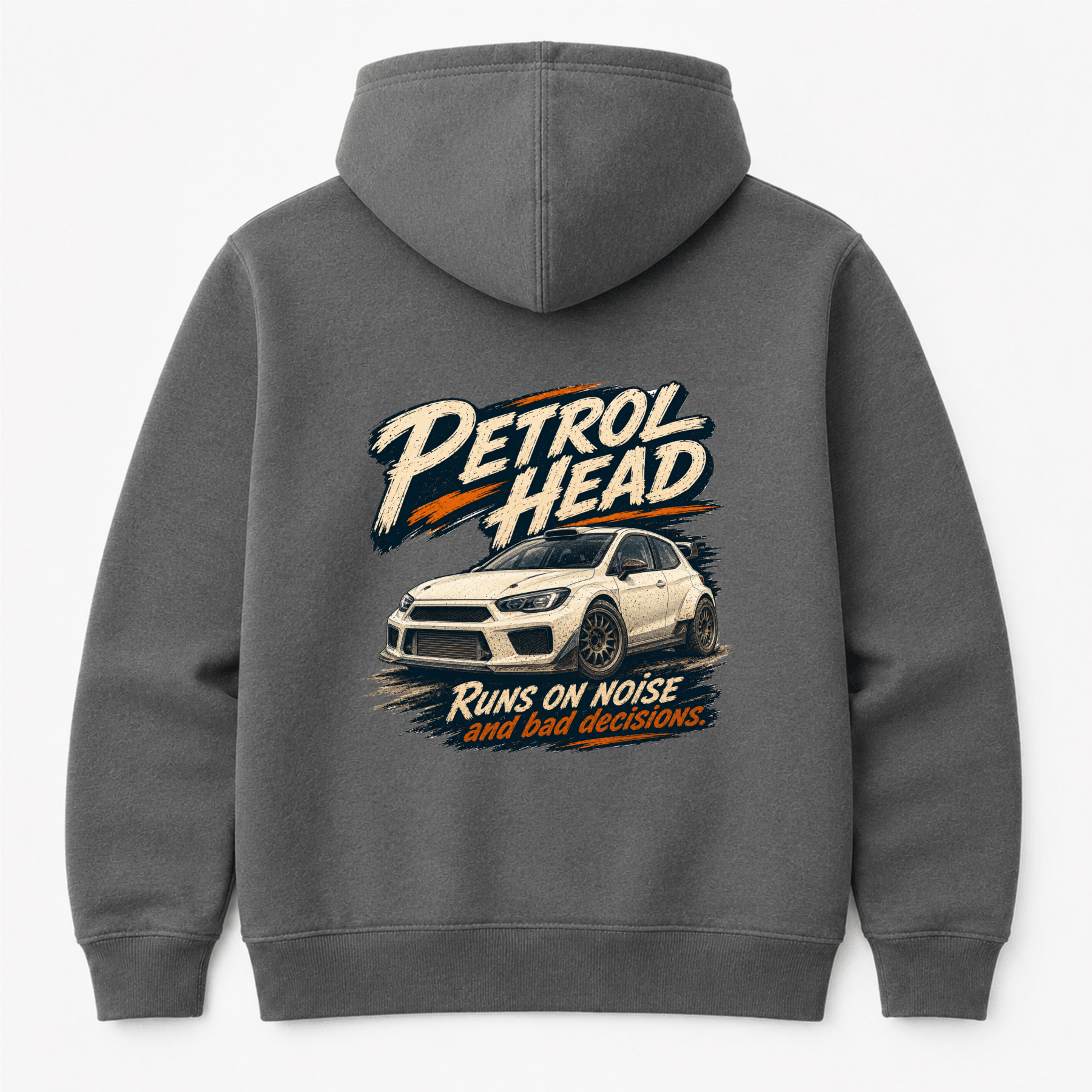 Camberline Cars Petrol Head Rally Hatchback Hoodie in Charcoal showing back graphic