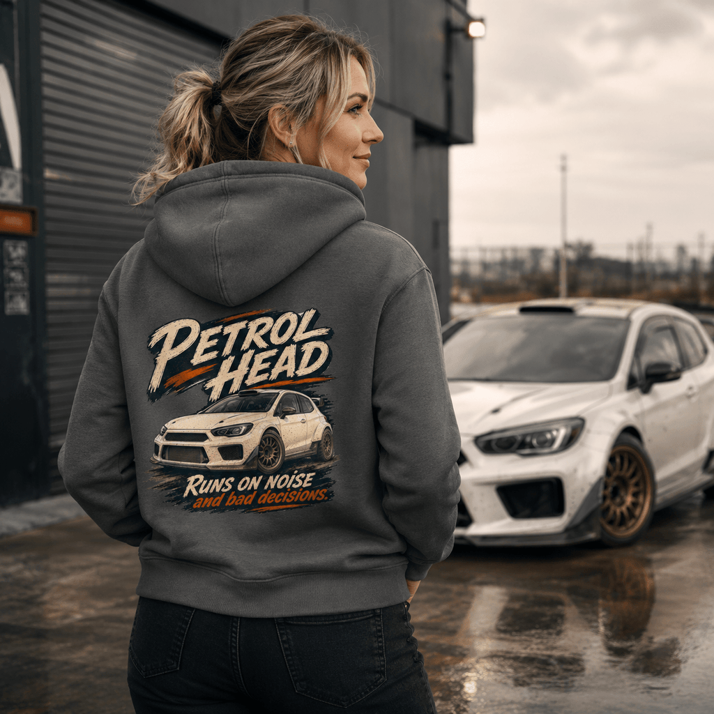 Model wearing Camberline Cars Petrol Head Rally Hatchback Hoodie in Charcoal, styled for car and 4x4 culture