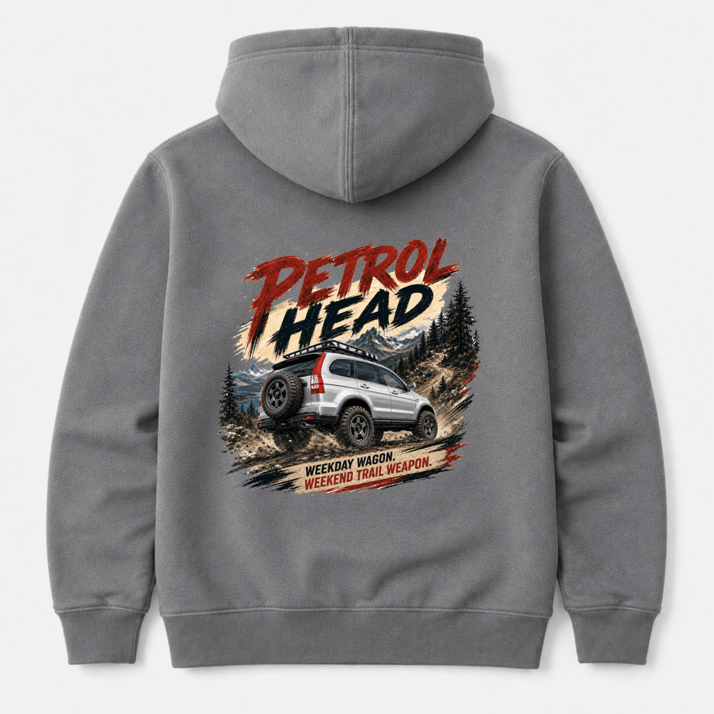 Camberline Cars Petrol Head Hoodie in Shark Grey showing back graphic