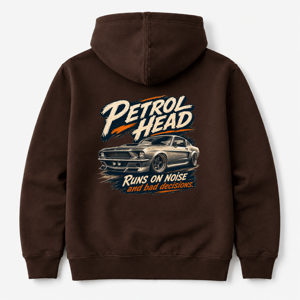Camberline Cars Petrol Head Classic Muscle Hoodie in Hot Chocolate showing back graphic