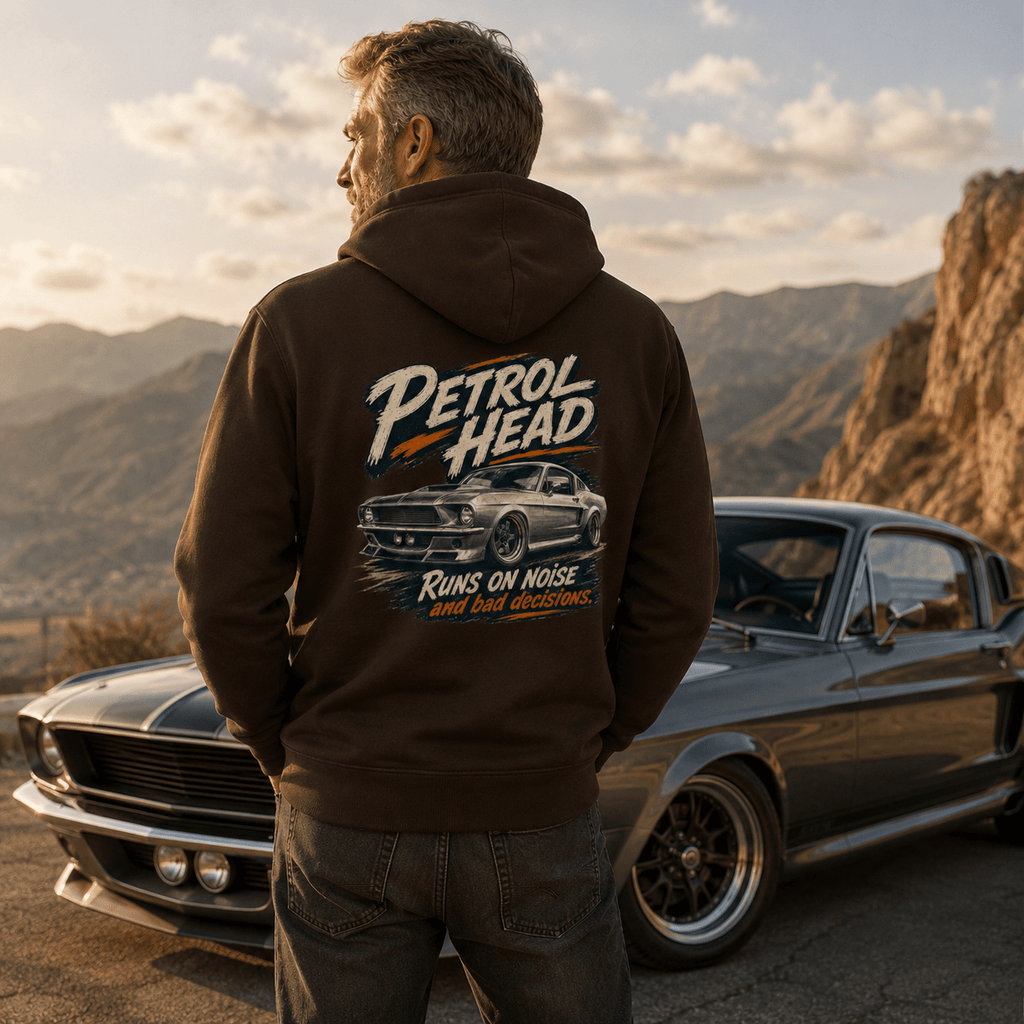 Model wearing Camberline Cars Petrol Head Classic Muscle Hoodie in Hot Chocolate, styled for car and 4x4 culture