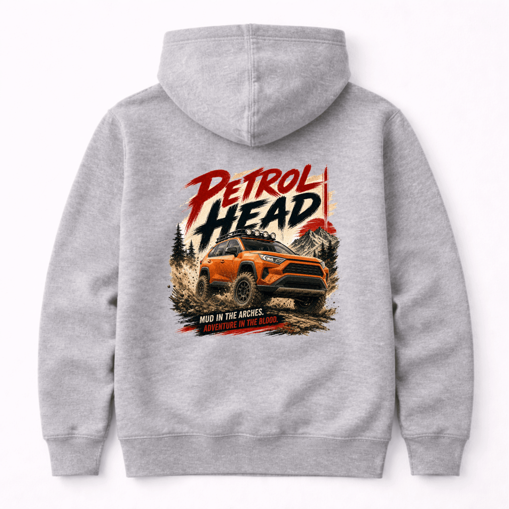 Camberline Cars Petrol Head Hoodie in Heather Grey showing back graphic