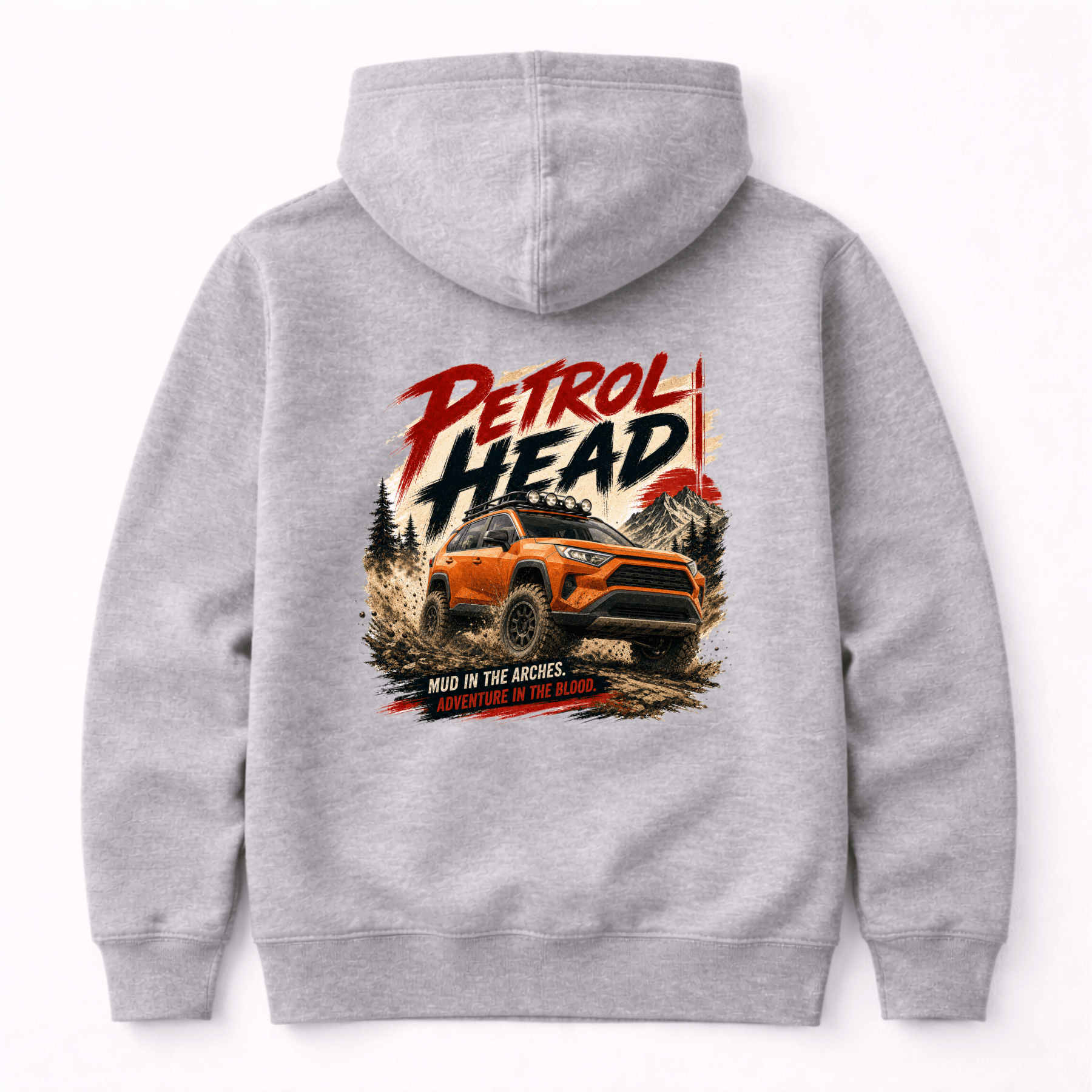 Camberline Cars Petrol Head Hoodie in Heather Grey showing back graphic