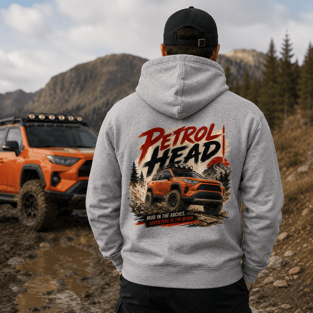 Model wearing Camberline Cars Petrol Head Hoodie in Heather Grey