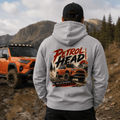Model wearing Camberline Cars Petrol Head Hoodie in Heather Grey
