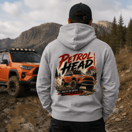 Model wearing Camberline Cars Petrol Head Hoodie in Heather Grey
