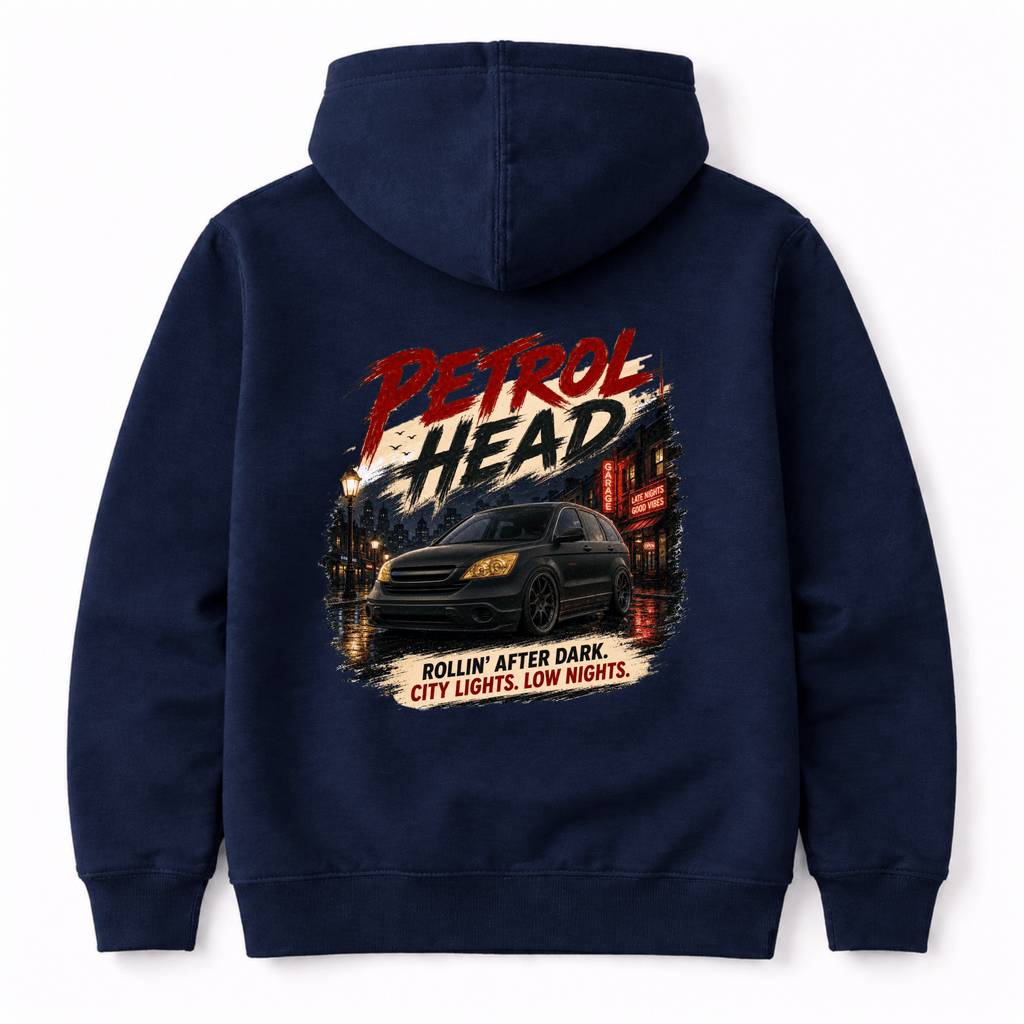 Camberline Cars Petrol Head Hoodie in Navy showing back graphic